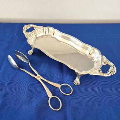 Beautiful Silver Plated Footed Serving Dish by F.B. Rogers Silver Co. Plus Serving Tongs