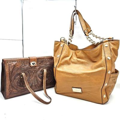 Tan Leather Purse Lot - One Carved Leather Handbag and Tan Michael Kors Leather Shoulder Bag