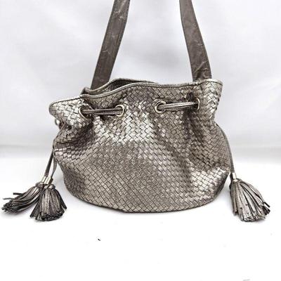 Elliott Lucca Silver/Grey Metallic Woven Leather Shoulder Bag w/ Drawstring Closure