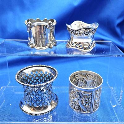 Set of Four Antique Victorian Silver Plated Napkin Rings in Assorted Styles