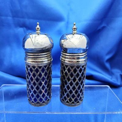  Vintage Godinger Cobalt Blue Glass Salt & Pepper Shakers Covered in Ornate Silver Plated Casing