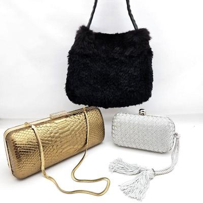 Set of Three Cocktail Purses - Two Cocktail Clutches and a Fun Faux Fur Black Handbag