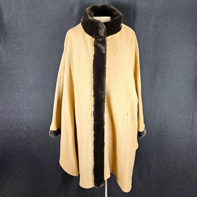 Talbots Wool Cashmere Cape/ Coat Women's Camel Tan with Black Faux Fur Trim - Italian Fabric