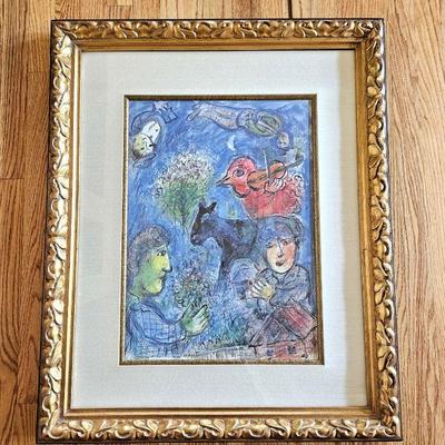  Framed Marc Chagall Offset Lithograph Print -Colorful Expressionist Piece with Hand-Finished Gold Leaf Frame 