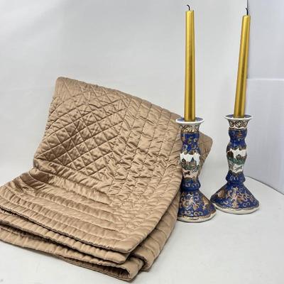 Elegant Home Decor Lot - Quilted Throw Blanket and Ornate Candlestick Holders with Candles