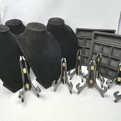  Jewelry Display Lot - Black Velvet Necklace Stands & Organizing Trays