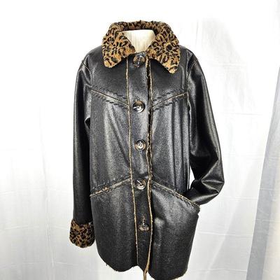 Dennis Basso Faux Leather Black Coat with Animal Fur Lining - Woman's Size Large