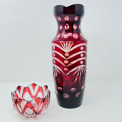 Stunning Vintage Cut to Glass Ruby Red Vase and Cut to Crystal Red Bowl