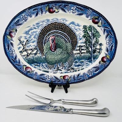 Thanksgiving Turkey Platter Set with Stainless Steel Carving Knife and Fork