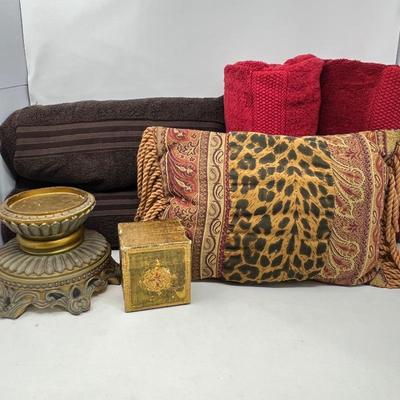 Home Decor Variety Lot - Decorative Pillows, Towels, Ornate Pedestal Bowl & Exotic Trinket Box