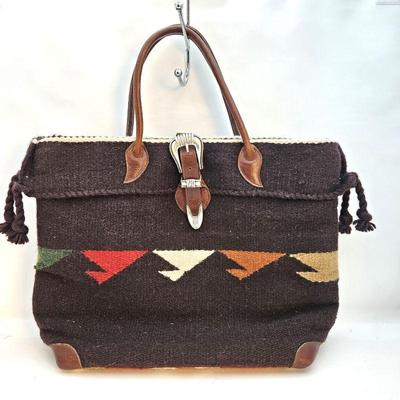  "Two Bar West" Beautiful Navajo Blanket Inspired Wool Tote / Handbag with Leather Accents - Brown Nylon Lining