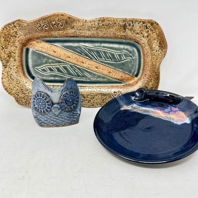  Hand Made Ceramic Art Lot - Owl Figurine, Decorative Plate & Unique Dish
