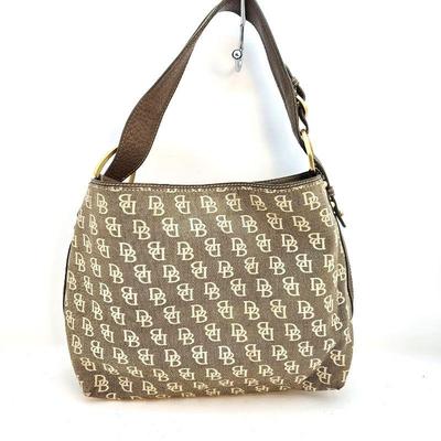 Vintage Dooney and Bourke Brown Canvas & Leather Monogrammed Shoulder Bag - Cream on Light Brown