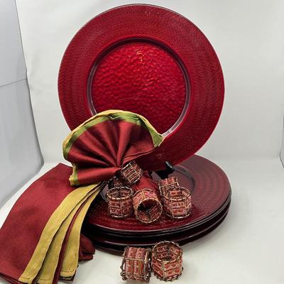Festive Red Glass Chargers, Decorative Napkins & Beaded Napkin Rings