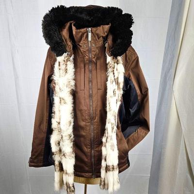 Dennis Basso Faux Leather Black Coat with Animal Fur Lining - Woman's Size Large