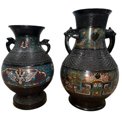 Japanese Champleve Bronze Vases With Bird Handles, Near Pair