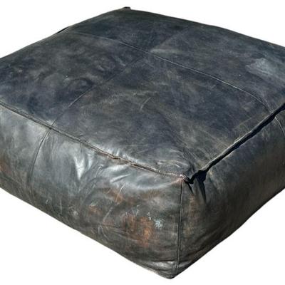 Oversized Mid Century Black Leather Ottoman Pouf