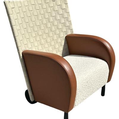 Post Modern Arm Chair, Woven Back, Boucle Seat