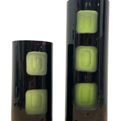 Two Mid Century Black and Green Hand Blown Glass Vases