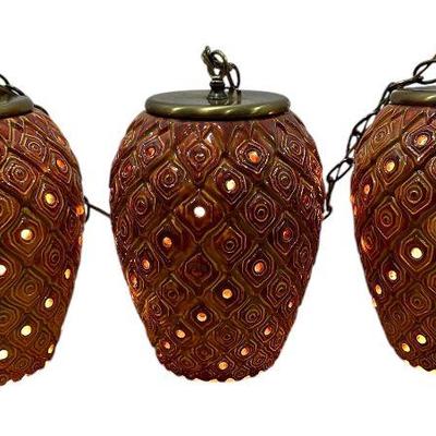 Three Mid Century Ceramic Tiki Pineapple Swag Lamps