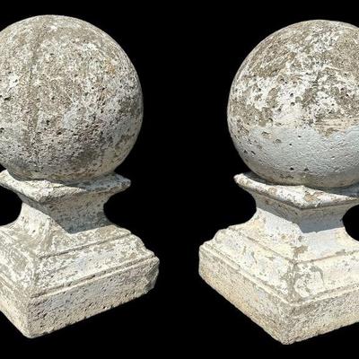 Antique Architectural Concrete Round Ball Finials, Pair