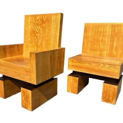 Hand Crafted Modernist Oak Accent Chairs