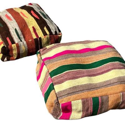 Two Vintage Kilim Pouf Ottomans