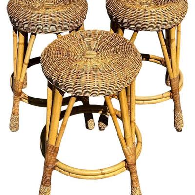 Three Mid Century Rattan Barstools