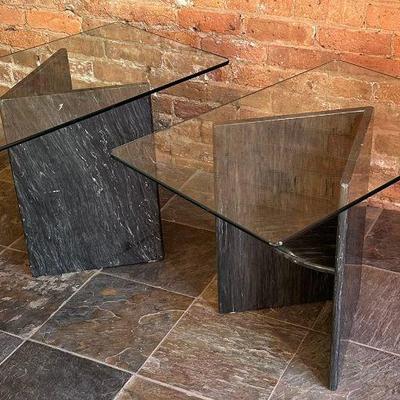 Geometric Marble Side Tables, Pair