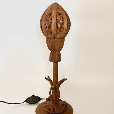 Hand carved wood lotus lamp, 16”