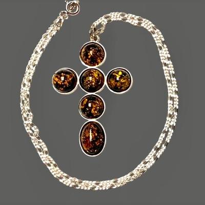 Hand crafted sterling and amber necklace w/ Celtic cross
