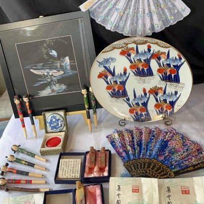 Asian Themed Lot * Framed Cranes, Gold Imari Plate, Stamps, Pens, Fans
