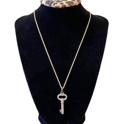 10K Yellow Gold Chain with Sterling Silver Gold Overlay Key Pendant * 38 Tiny Diamonds
