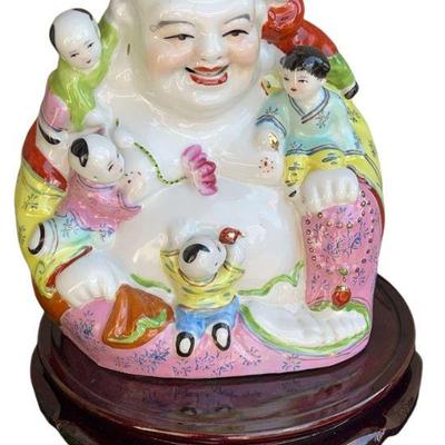 Laughing Buddha Hotei With 5 Children Glazed Porcelain Statue Figurine
