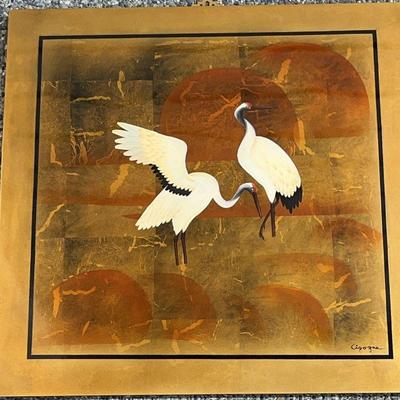 2 Cranes/Storks Painted On Gold Wood * Cigogne * Stork * French To English Translation
