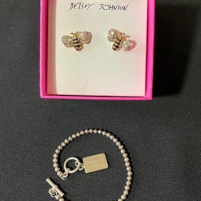 Sterling Silver Bracelet * Karen Inscribed * Betsey Johnson Crystal Bee Pierced Earrings
