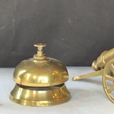 3 Brass Figures * 1862 Antique Brass Acorn Match Safe, Vintage Bell, Canon Replica
