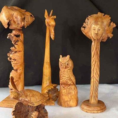 5 Parasite Wood Carvings * Turtle, Elephant, Owl, Giraffe, Praying Native
