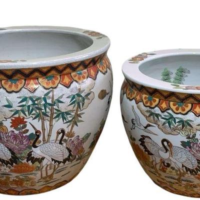 2 Vintage Chinese Ceramic Planting Pots * Storks * Koi Fish
