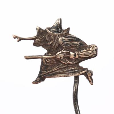 Sterling silver Victorian Witch on broom stick pin