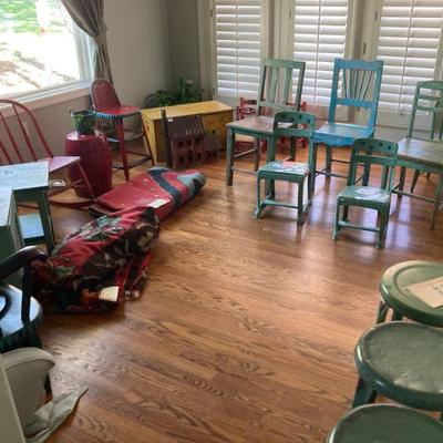 Wooden Schoolhouse Chairs, Milking Stools, Children's  Toy Chest 