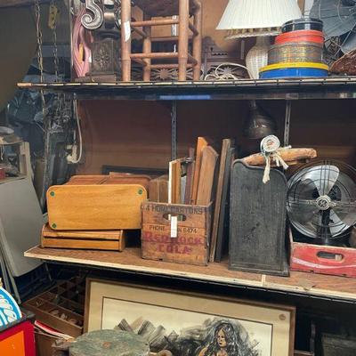 vintage decor, lamps, artwork, stools, crates