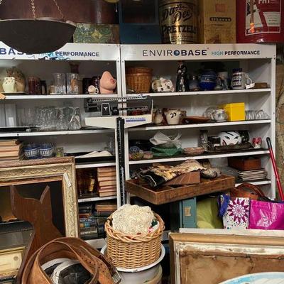 glassware, barware studio pottery, vintage artwork and frames, old tins