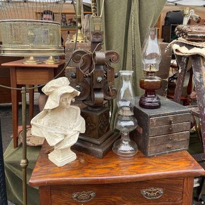 bust, vintage lamp, vintage home decor, oil lamps, bird cage