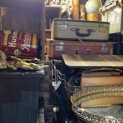 vintage home decor, vintage luggage, tins, globes