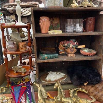 pennant collection, old books, crystal, pottery, brass figures