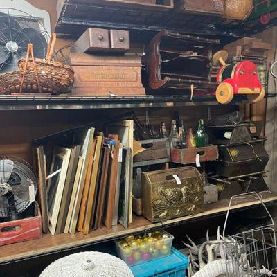 vintage art, furniture, baskets, fans