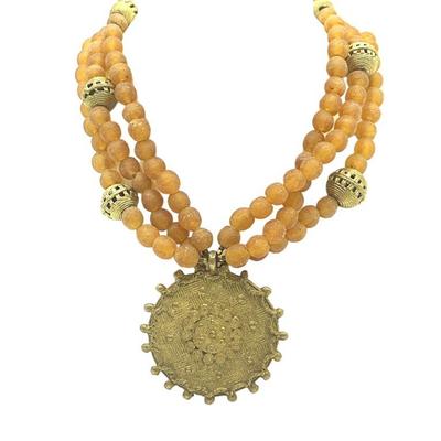 ORANGE/AMBER COLORED AFRICAN GHANAIAN GLASS BEAD AND BRONZE NECKLACE