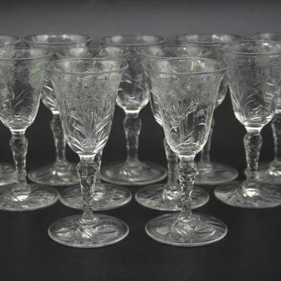 11 ELEGANT ERA BLOWN ETCHED CORDIALS