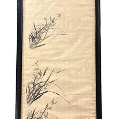 VINTAGE ASIAN HAND PAINTED SCROLL FRAMED